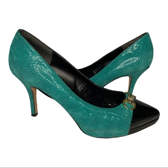 WHBM Turquoise Mid Heel Gold Detail Pumps - Picture 2 of 7